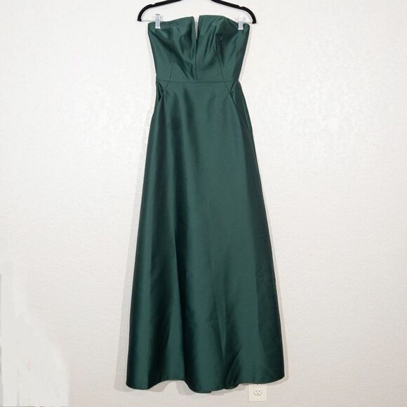 NWT Alfred Sung Hunter Green Strapless Notch Neck Satin Gown Size 0 - Picture 2 of 9